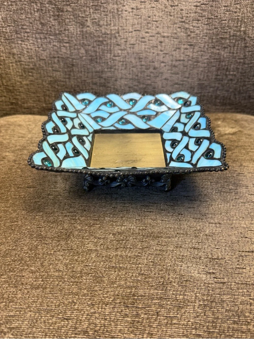 Retired PartLite Spring Water Pillar Candle Holder Tiffany-Style Blue Glass